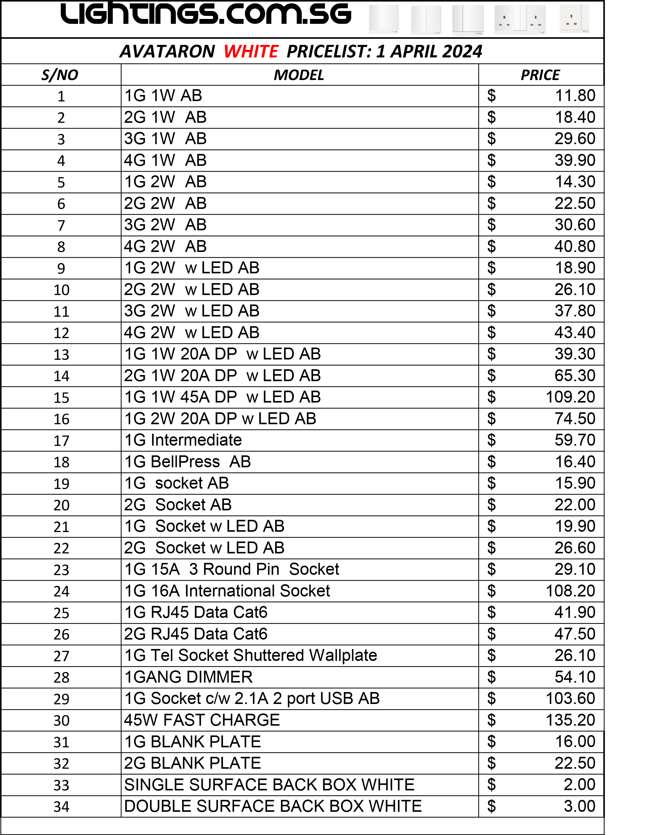 AVATARON WHITE PRICELIST 1 APRIL 2024